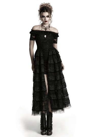 Chic Gothic Lace Dress with Layered Ruffled Chiffon Design
